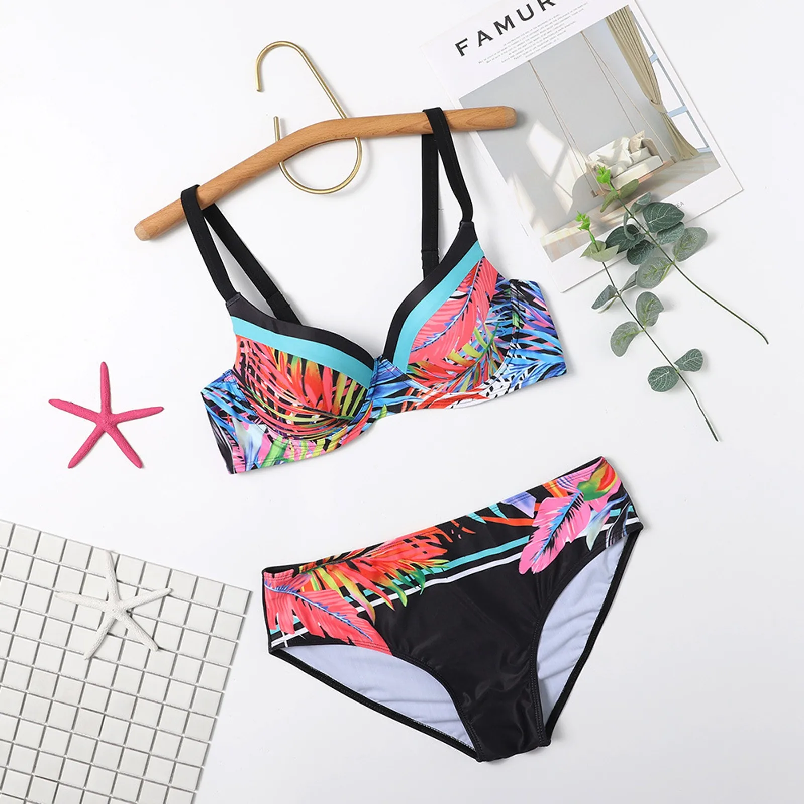 Women's Swimsuits Female Print Low Bikini Bottoms Fashion V Neck Split Sexy Swimsuit Summer Beach Vacation Splicing Split Bikini