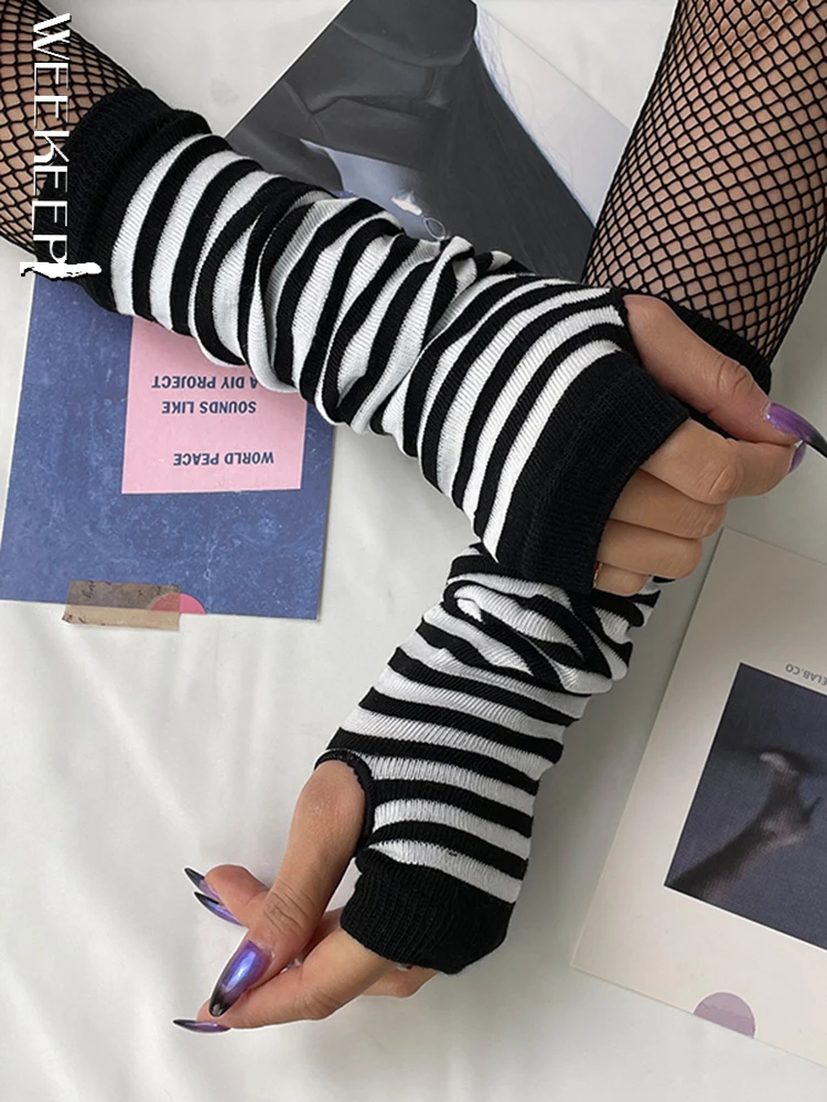 Weeekeep Gothic Striped Arm Sleeves Women Casual Solid Steampunk