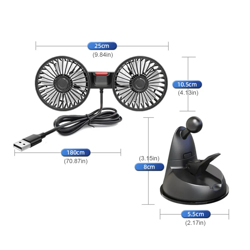 USB 5V 전기 공기 순환기, 듀얼 헤드 자동차 흡입 컵 선풍기, 360 도 회전, 3 단 조절 가능, 자동차 가전 제품