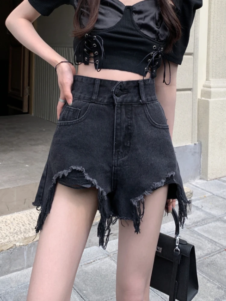 

FTLZZ New Summer Women Vintage Casual Hole High Waist Straight Denim Shorts Lady Fashion Solid Color Wide Leg Jean Shorts