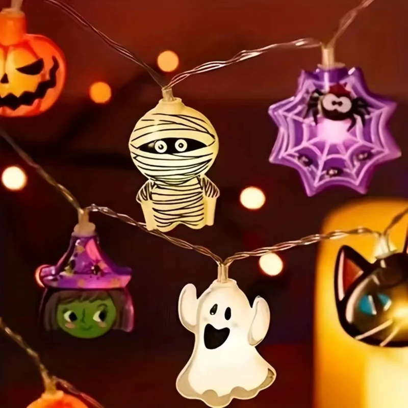 Halloween LED String Lights with Pumpkin, Ghost, and Spider Web Decorations for Indoor and Outdoor Use