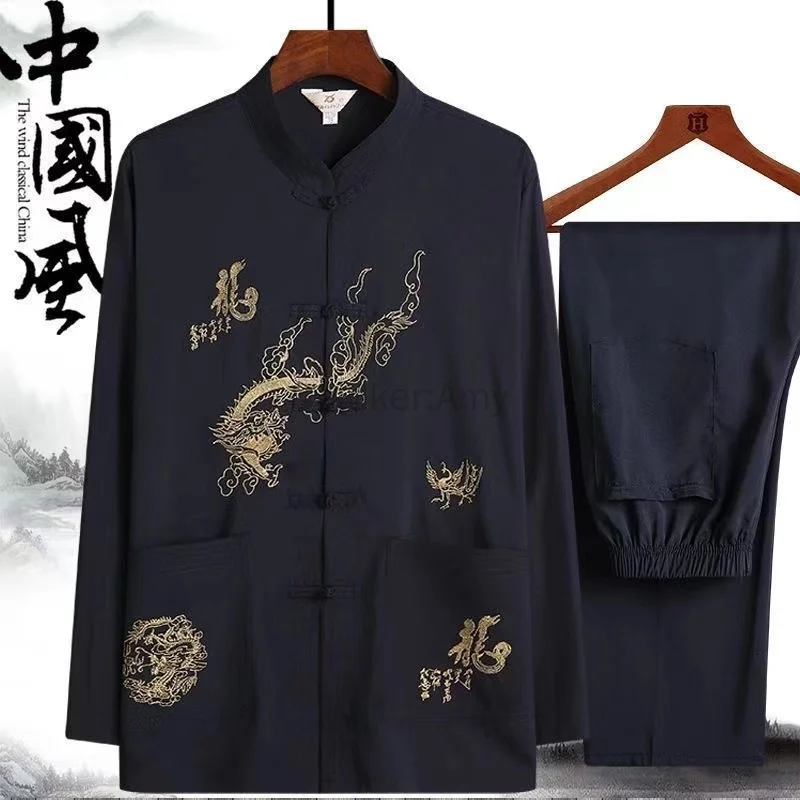 Chinese Traditional Costume Chinese Men Hanfu Top Vintage Dragon Tang Suit Men Hanfu Long Sleeved Coat Tops and Pants