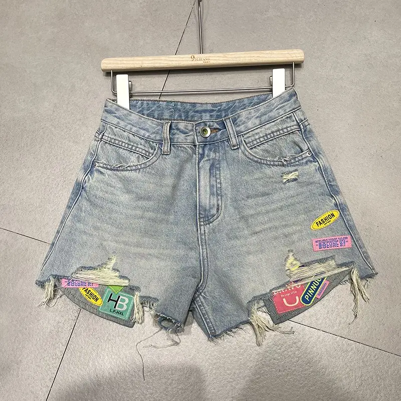 

High Street Female Hit Color Patchwork Ripped Denim Shorts Women New Summer High Waist Casual Loose Wide Leg Short Jeans