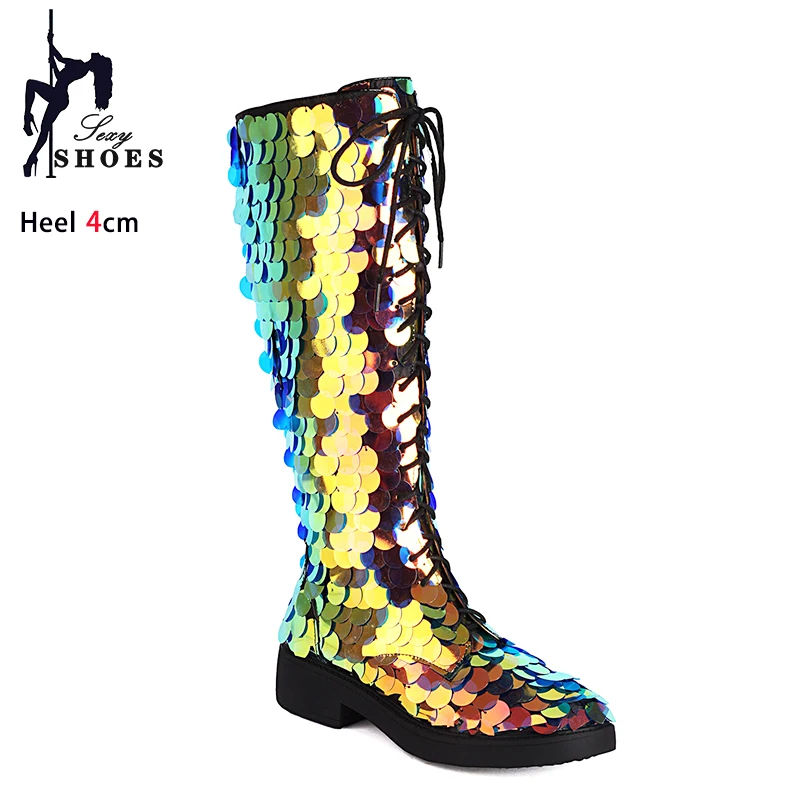 Women's Boots Plus Size Circular Sequins Nightclub Club Shoes Low Heel Lace-Up Female Mid-Calf Boots Glitter Party Dance Shoes