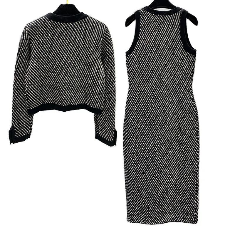 

AW New Cashmere Knitted 2piece Set Fashion Runway Jacquard Single Breasted V-neck Jacket Elegant Women Sleeveless Camisole Dress