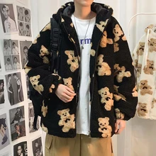 

Emo Men's Cartoon Bear Wool Hooded Coat Alt Oversized Zip Up Sweatshirt Tops Winter Hoodie Jacket Cute Korean Outerwear Clothes