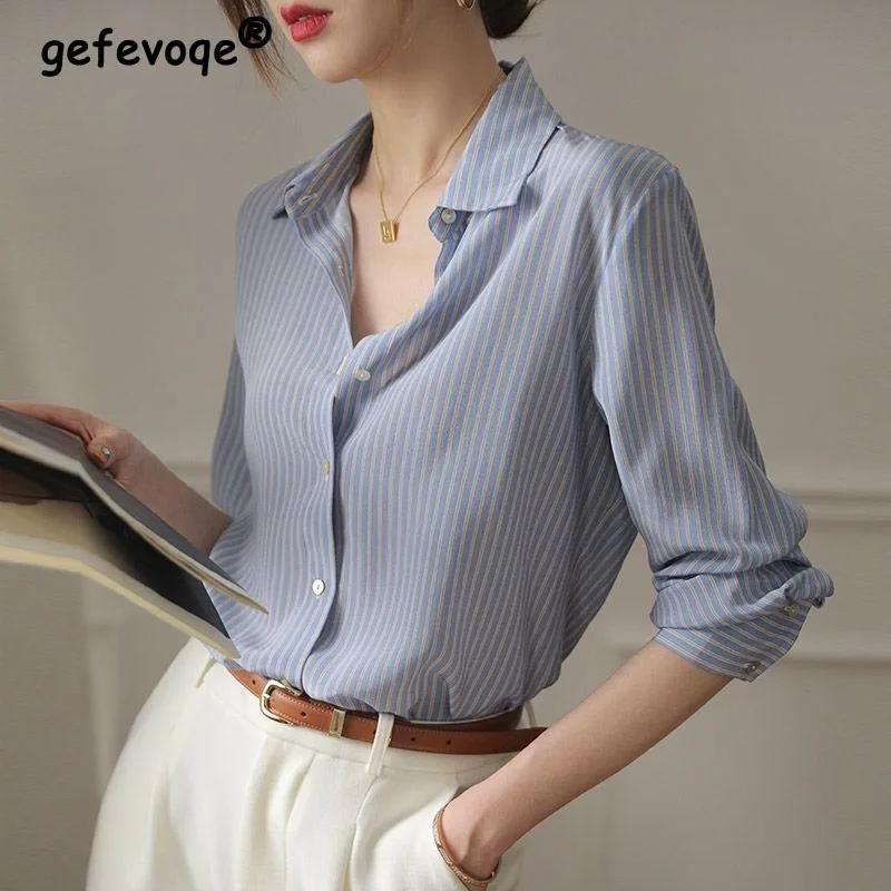 Korean Style Office Lady Blue Striped 2022 Spring Summer Fashion All-match Blouse Long Sleeve Turndown Collar Loose Casual Shirt blouses aztec geometric lace up twist blouse in blue size l m s xl