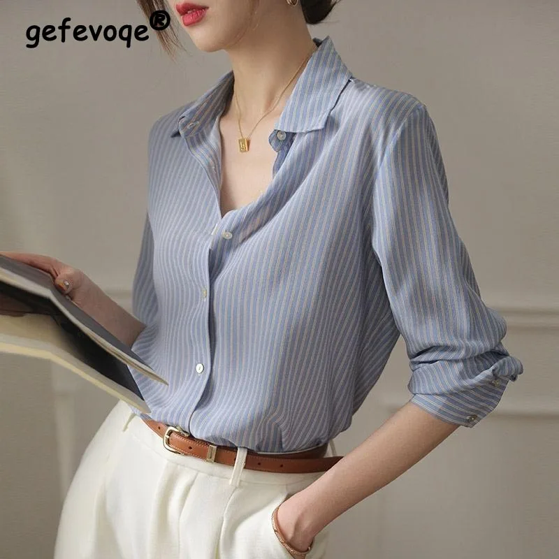 

Korean Style Office Lady Blue Striped 2022 Spring Summer Fashion All-match Blouse Long Sleeve Turndown Collar Loose Casual Shirt