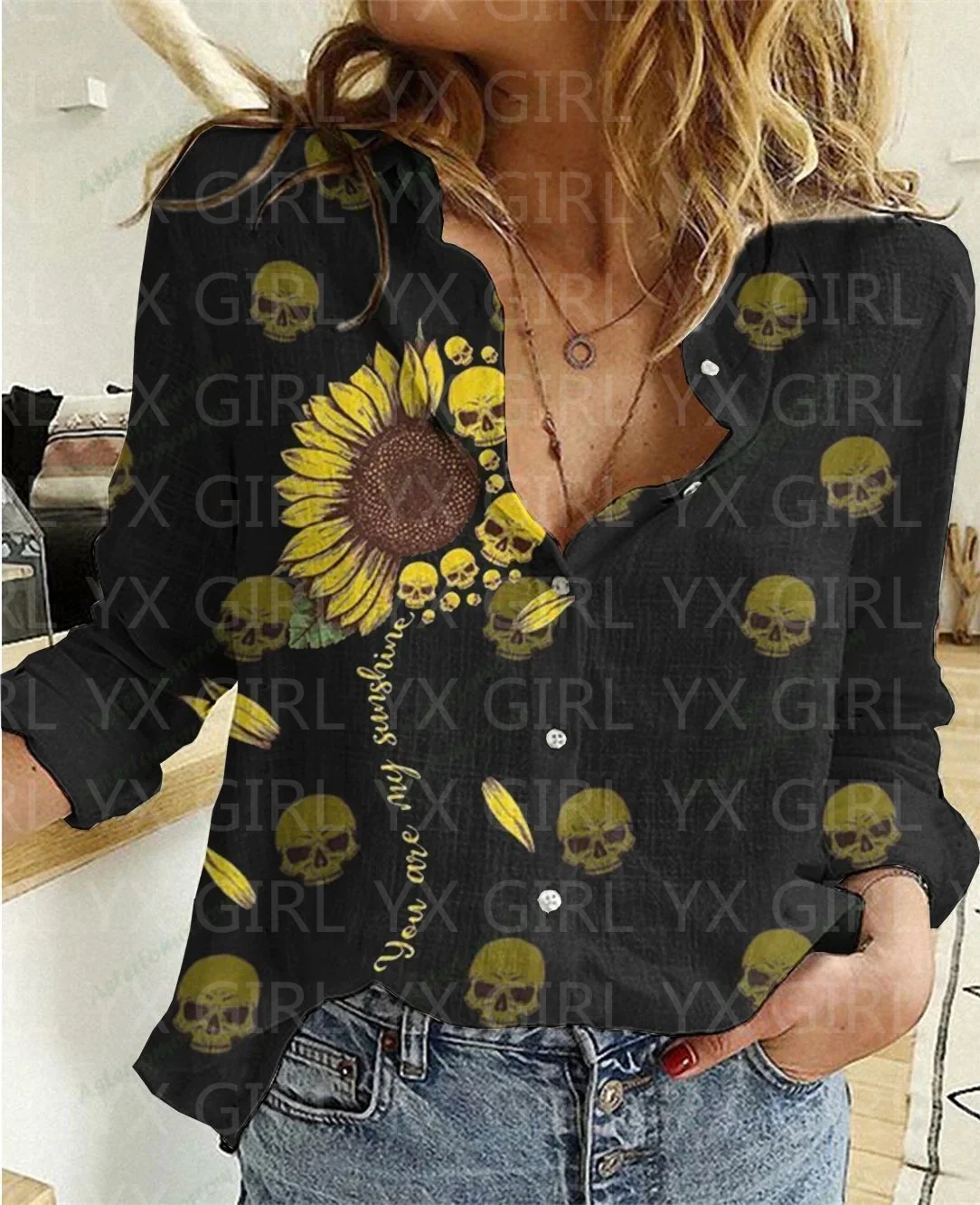 Women's Skull Sunflower Printed Casual Shirt 3D Printed Button-down Shirt Casual Unique Streewear Halloween Gift 02 women s tiger printed casual shirt 3d printed button down shirt casual unique streewear