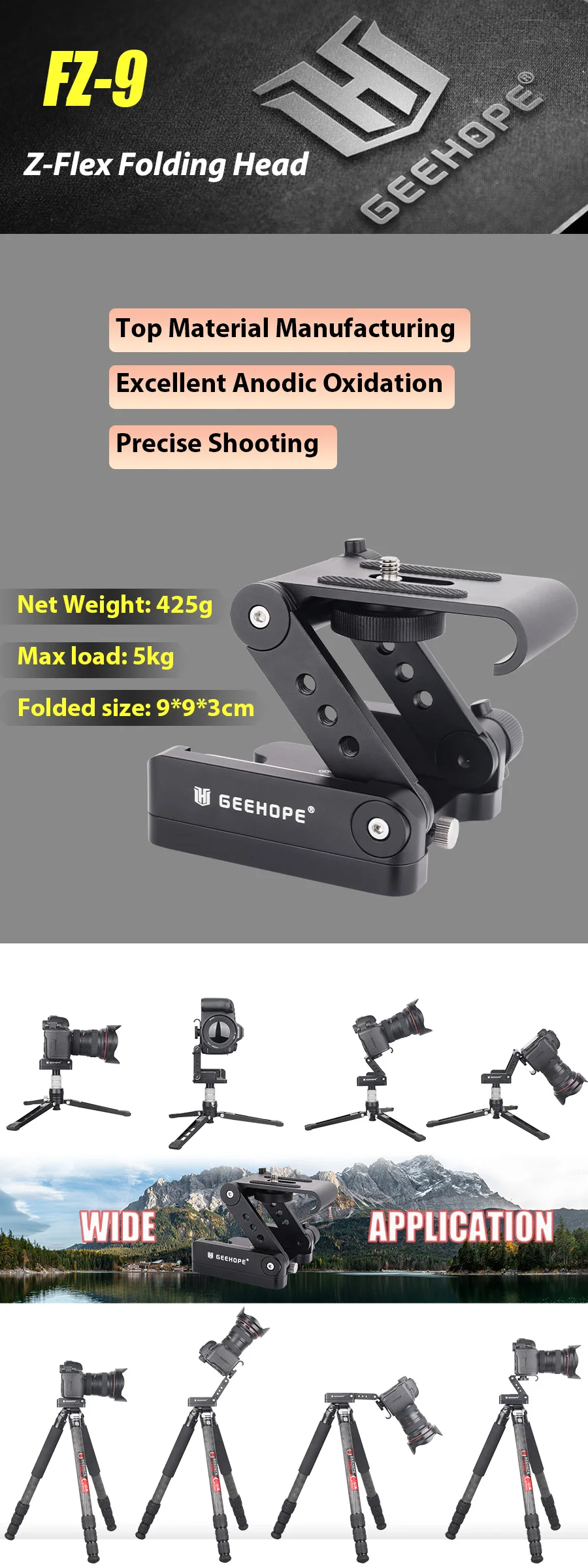 FZ-9 Upgraded Z-Flex Tilt Folding Head for Canon Nikon Sony DSLR Camera Camcorde