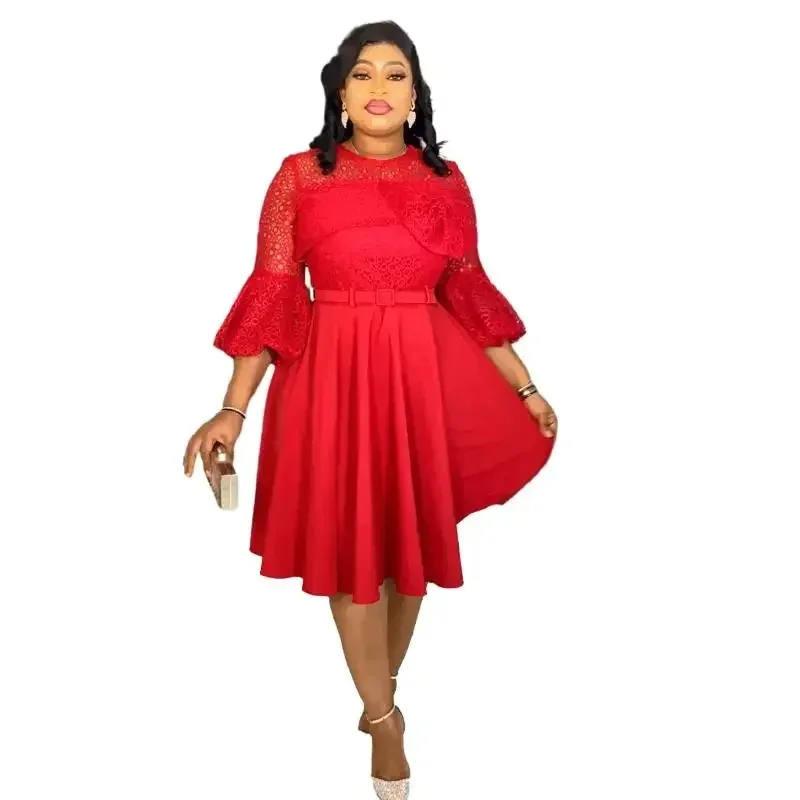 

Elegant African Wedding Party Dresses for Women Spring Africa 3/4 Sleeve Polyester Lace Evening Midi Dress Gowns Africa Clothing