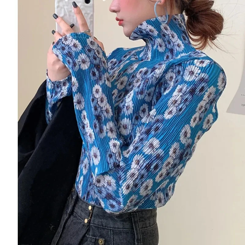 

90s Chic Pleated Design Ladies Elegant Tops Korean 2023 Japanese Style Turtleneck Blouses Women Floral Print Long Sleeve Shirt