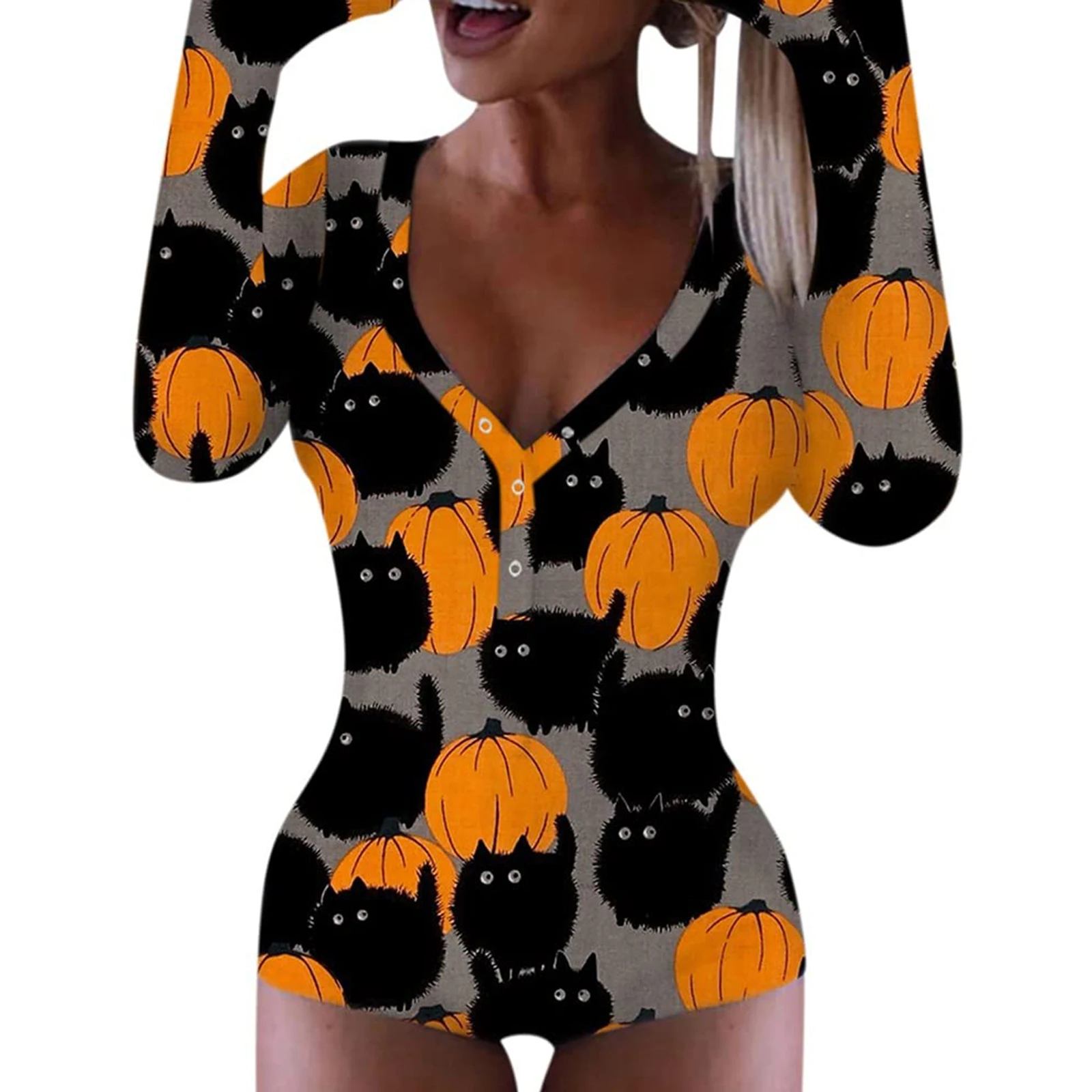 HEZIOWYUN Women's Halloween Bodysuit Tight Fitted Oneseies Pumpkin Print Button Down V Neck Long Sleeve Jumpsuit for Party Club