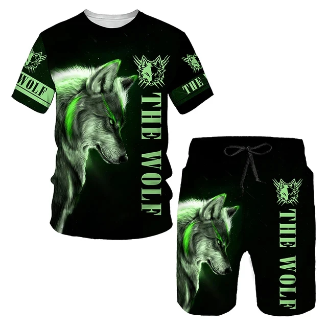 The Wolf Print Set Suit Hip Hop Harajuku 3D Sports 2 Piece Oversized Sweatshirt  O-neck Tshirt Beach Shorts Outfits man clothes 6