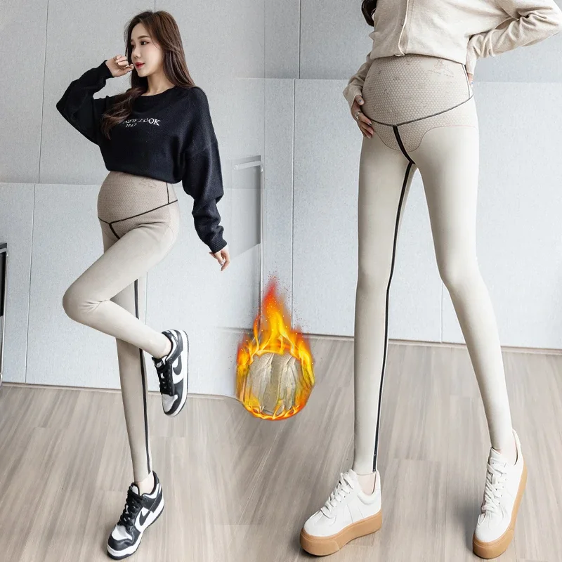 Winter Thick Warm Maternity Trousers High Waist Pregnancy Shark Skin Legging Stretched Skinny Pregnant Woman Fleece Pencil Pants
