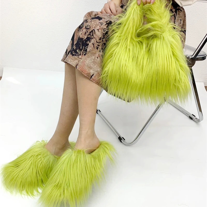 

Шлепанцы женские из искусственного меха, зимние плюшевые теплые домашние шлепанцы на плоской подошве, шлепанцы из монгольской шерсти, пушистая обувь для девочек Y2K, симпатичные Тапочки, 2024