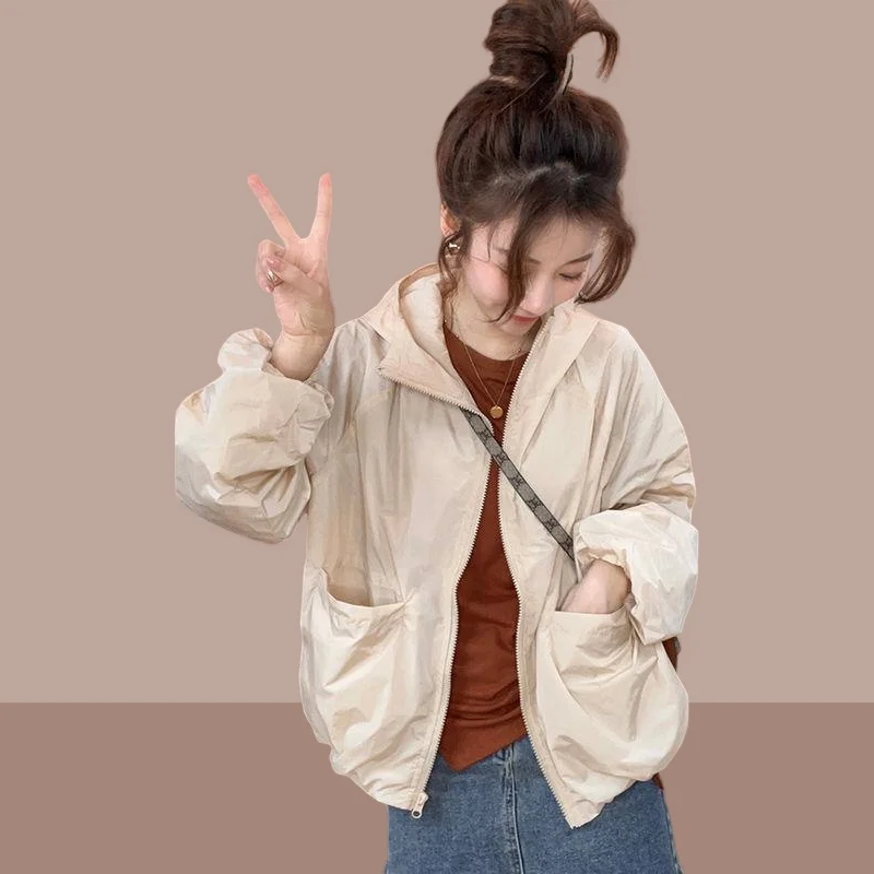 2024 여름 새로운 여성 핑크 태양 보호 의류 얇은 후드 재킷 겉옷 블레이저 태양 보호 의류 패션