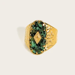 YACHAN Gold Plated Stainless Steel Textured Wide Ring with Natural Stone - Trendy Jewelry Gift (YC0258)
