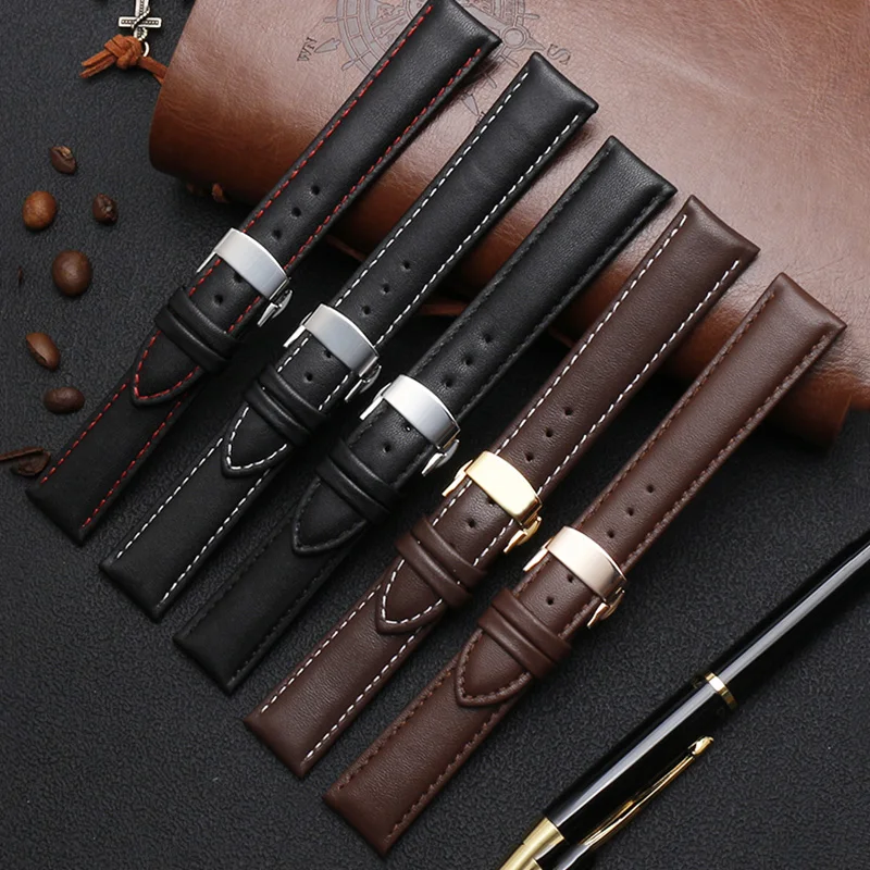 Genuine Black Leather Watch Band - Premium Waterproof Cowhide Strap
