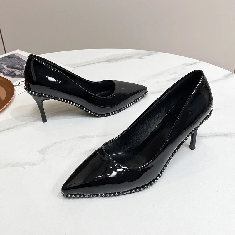 New Women 7CM 9CM  High Heels Elegant Luxury Escarpins Pumps Lady Rivets Nude Mid Low Heels Fetish Nightclub Party Office Shoes