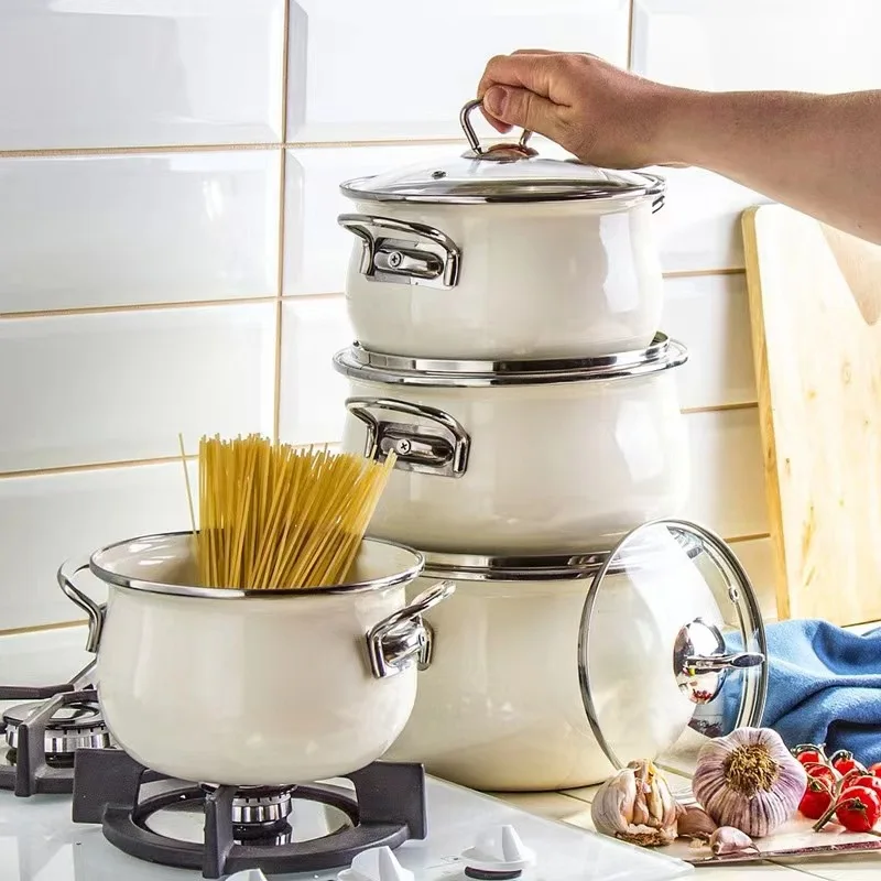 White Enamel Soup Pot with Two Ears Enamel Pot Large Capacity Household Non stick Pot Induction