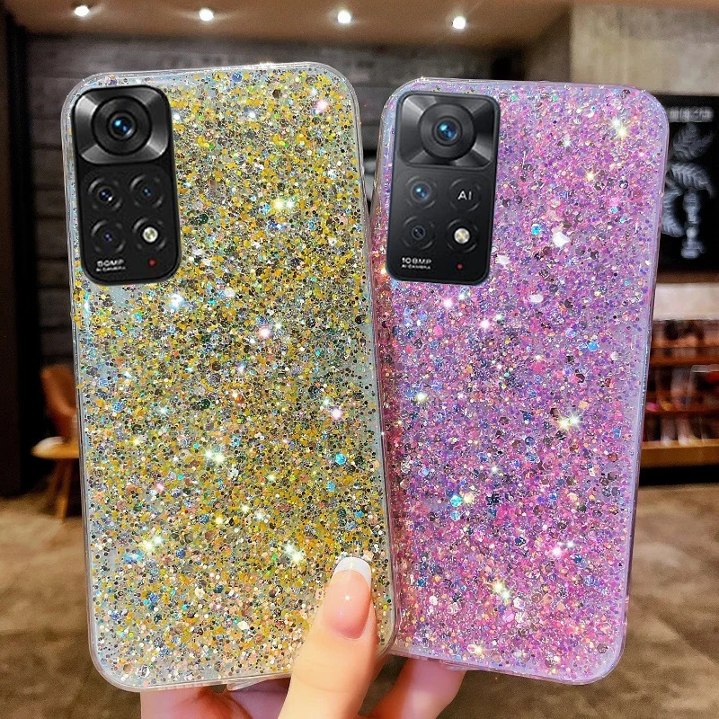 XINYEXIN Custodia Glitter Per Xiaomi Redmi Note 11s 5G - Cover Bling Trasparente Con Scintillii E Adesivi - Ultrasottile E Antiurto - Viola