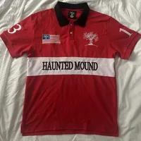 Polo rouge brodé Mound hanté Y2K t-shirt HipHop rétro tête de citrouille lettre brodée surdimensionné haut à manches courtes 1