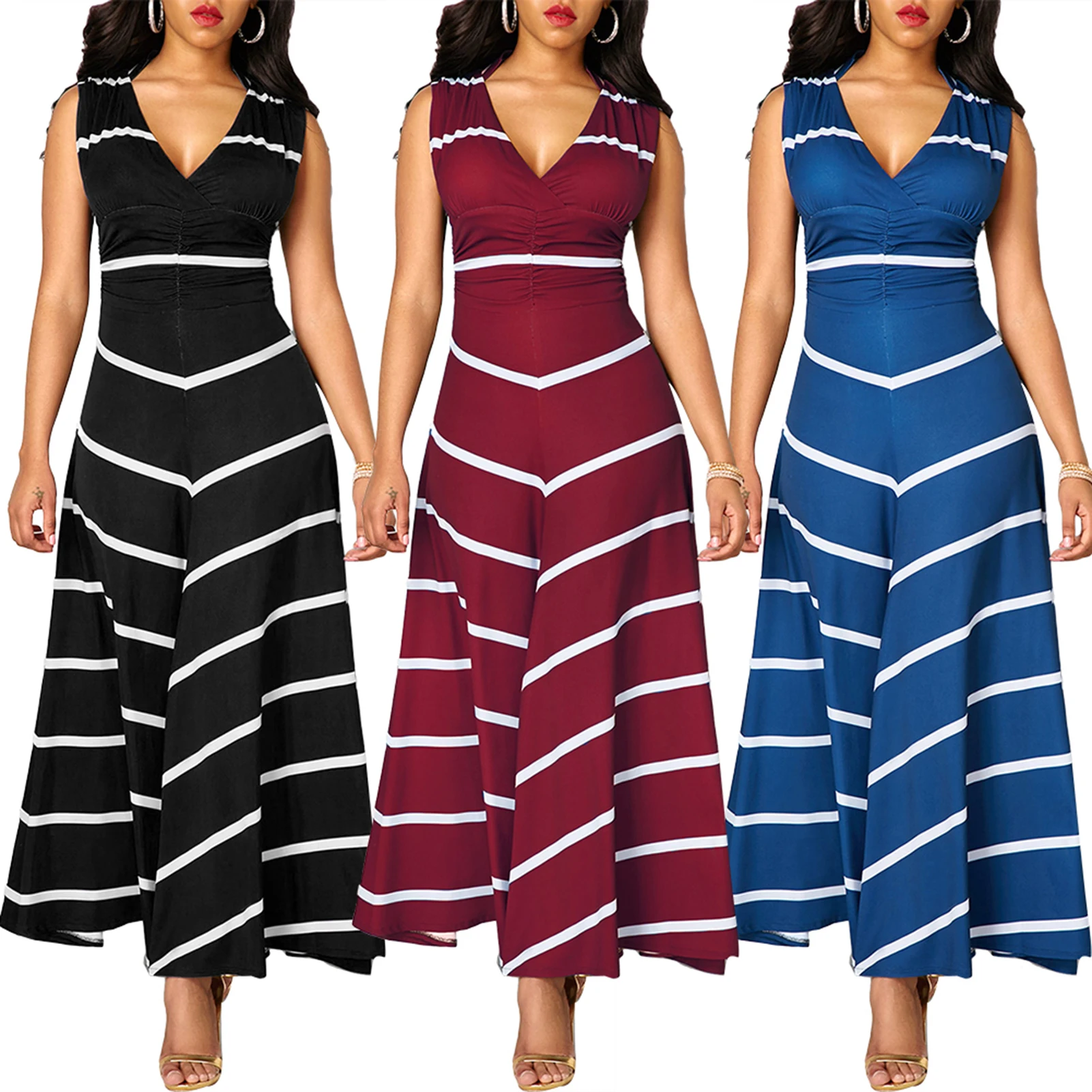 

robe de soirée Women's V-neck Sleeveless High-waist Striped Long Swing Dress Dress платье женское вечернее abendkleider 2019