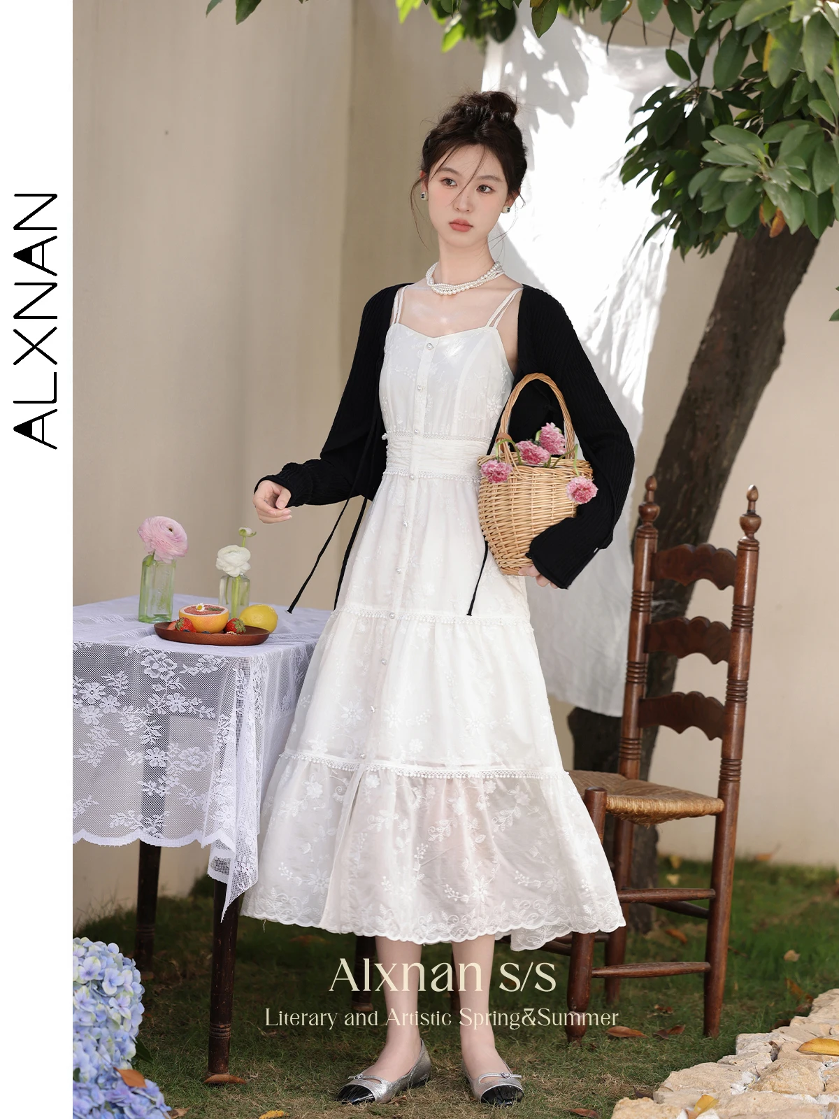 ALXNAN 크롭 블랙 레이스업 니트 가디건, V넥 긴팔 상의, 여성 스웨터 코트 니트웨어, L33837SY, 2024 용수철 여름