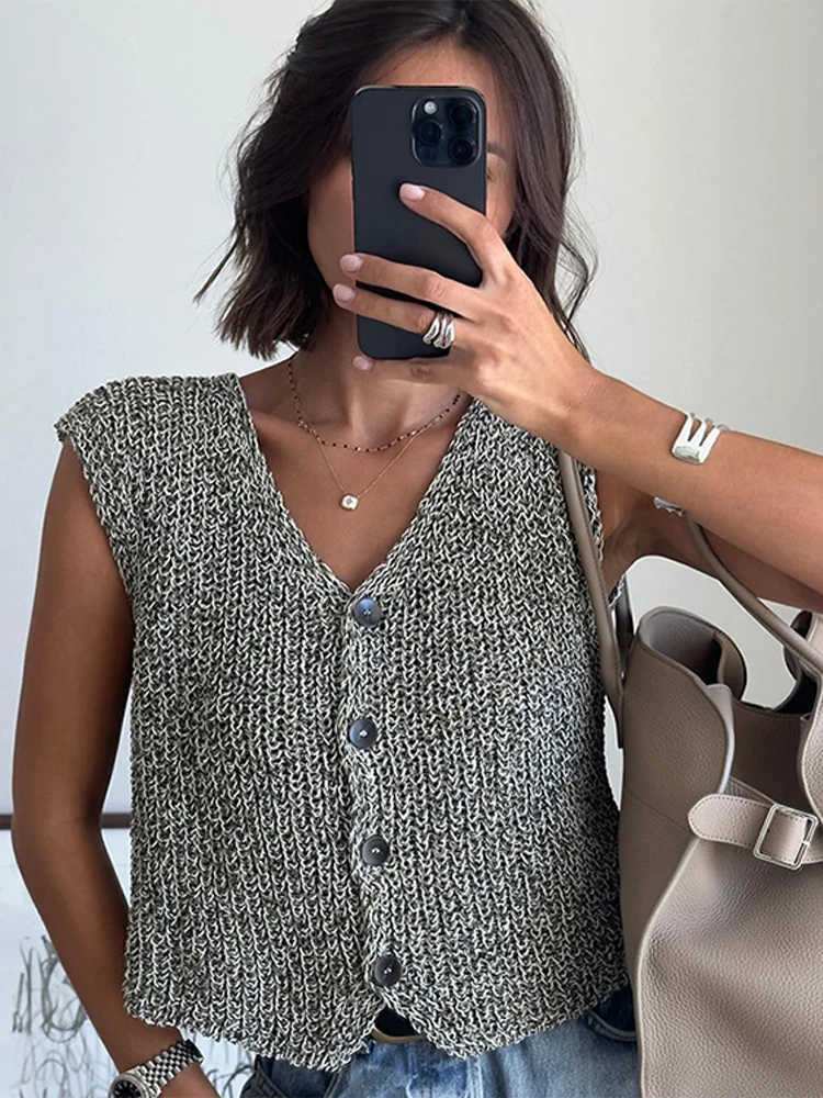 Knitted-V-neck-Sleeveless-Women-s-Vests-Casual-Grey-Short-Tops-Button ...