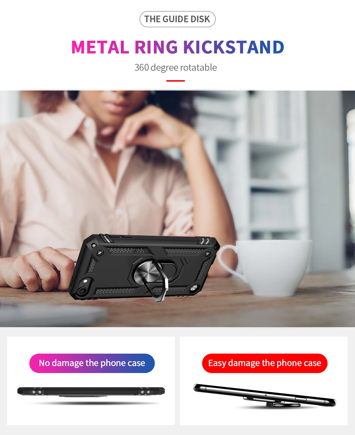 Magnetic Metal Finger Ring Holder Armor Shockproof Case with TPU Bumper and Hard PC Back Cover