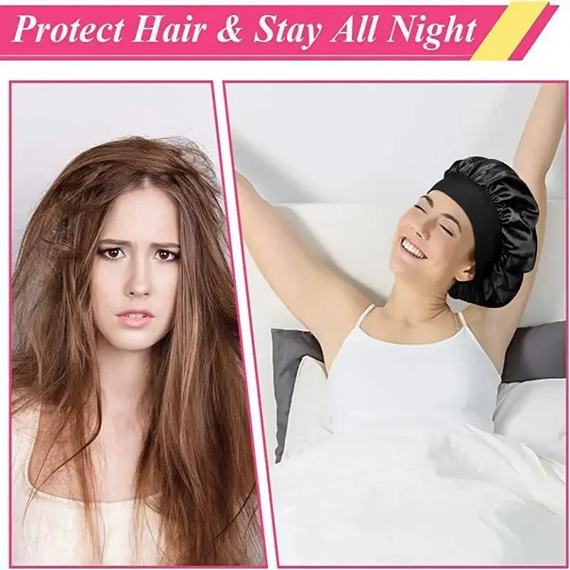 Night hair cap Women's Wide Brim Silk Bonnet Hair Wrap For Sleeping Sleep Cap Elastic Soft Band