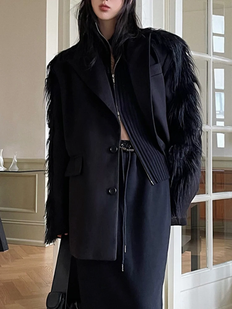 ZMEENNA معطف نسائي صوف بأكمام طويلة مرقع من الفرو...