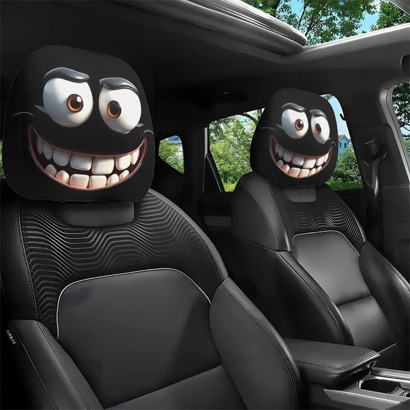 2pcs Horror-Themed Car Headrest Covers - Black & White Face Design, Unfilled Comfortable Seat Protectors for Sedan, Truck, SUV