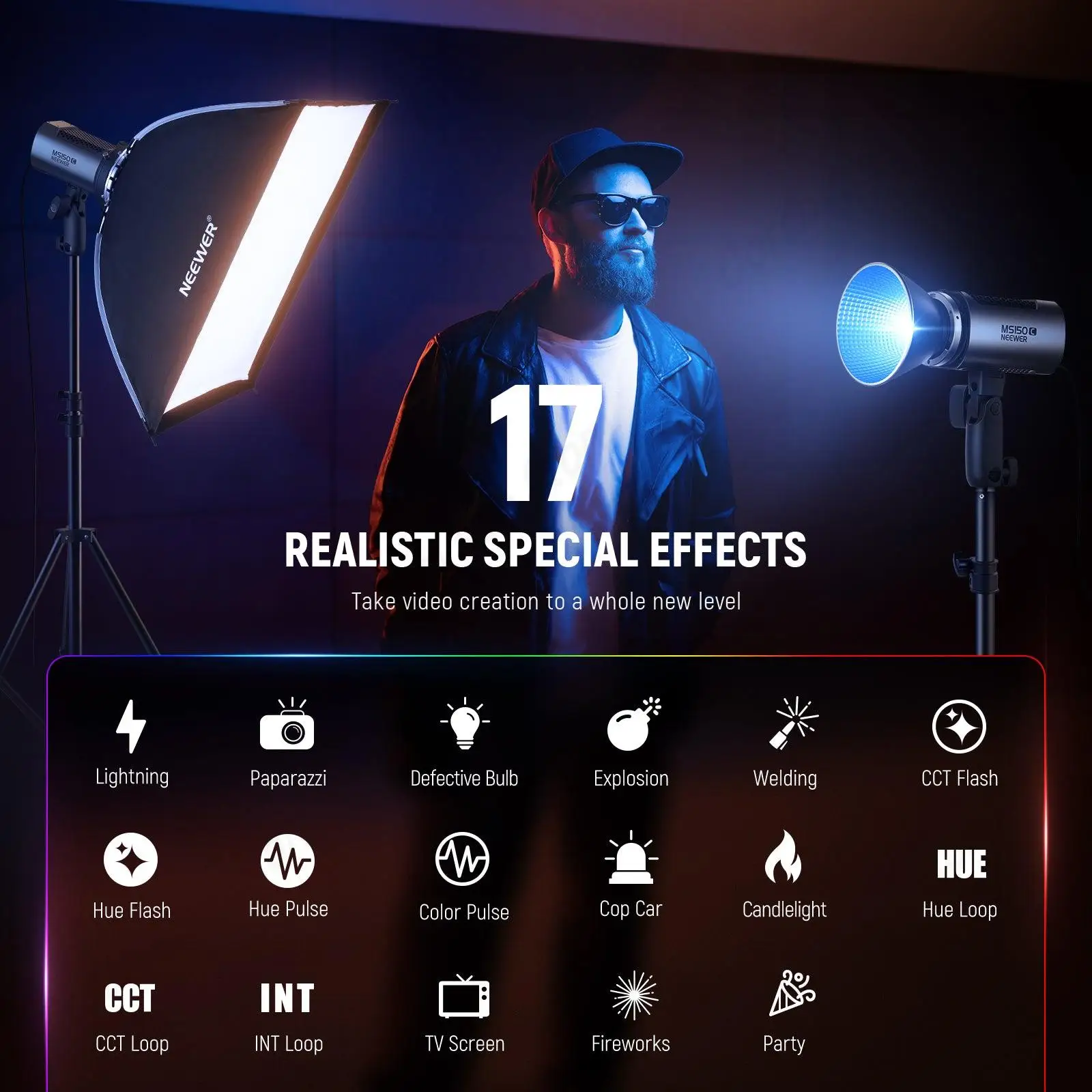 NEEWER 미니 RGB LED 비디오 조명, 현실적인 특수 효과, 인피니티 앱, 2.4G 무선 조명, 4 가지 조명 모드, MS150C, 150W