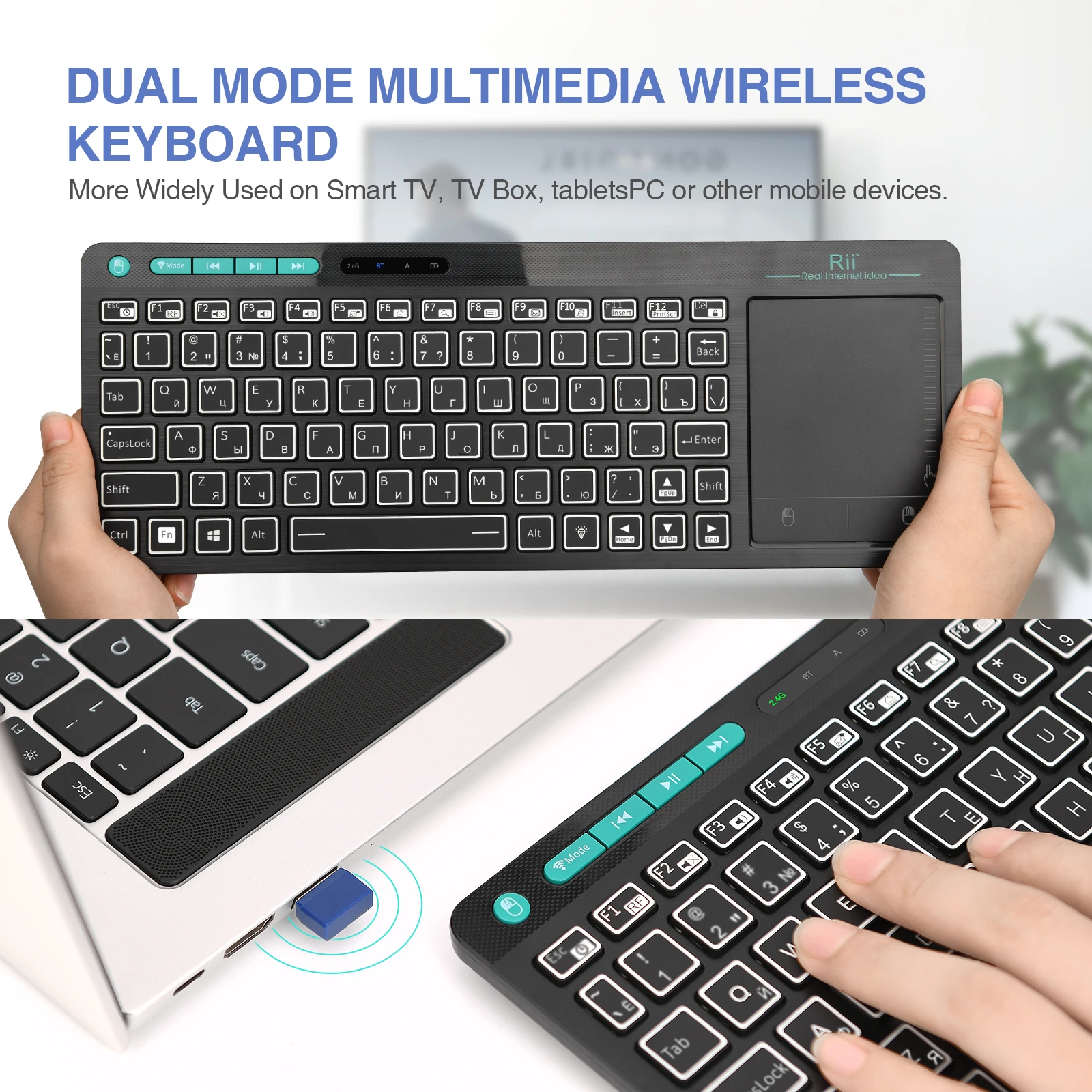teclado sem fio backlight touchpad mouse de