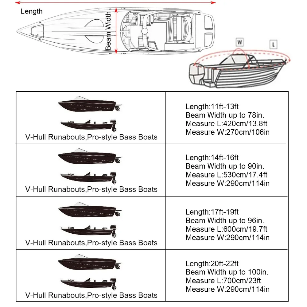 Heavy Duty Fishing Ski Boat Cover for 11-13' 14-16' 17-19' 20-22' V-Hull Waterproof  Sunproof UV Protector Boat Mooring Cover