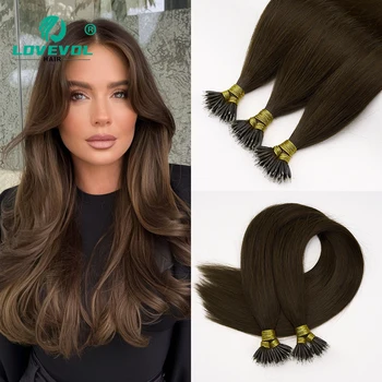 Lovevol 4# Nano Ring Hair Extensions Human Hair Keratin Straight Fusion Natural Human Hair Nail Tips Middle Brown Hair