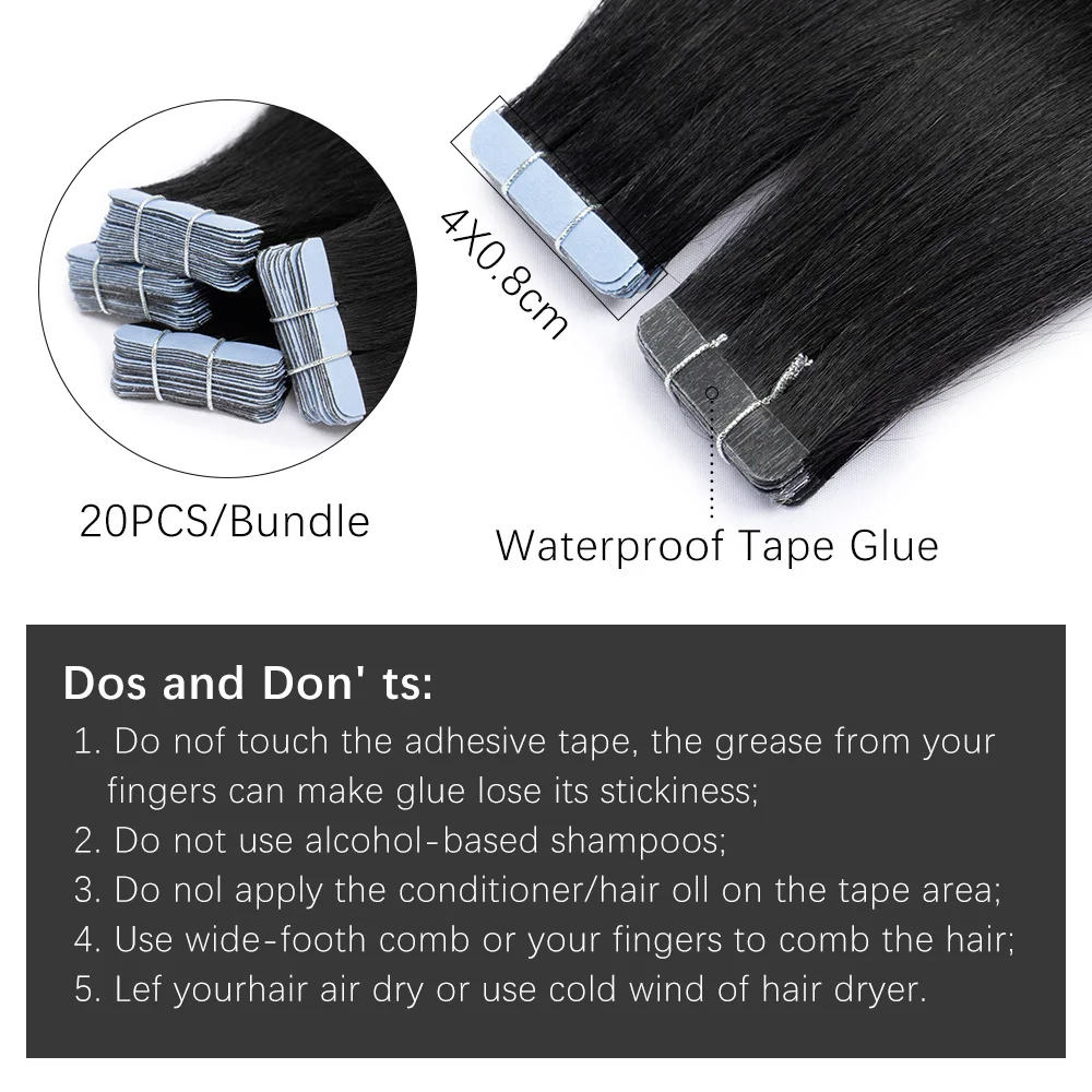20pcs Natural Wave Hair Tape in Hair Extension Invisible Seamless Skin Weft 100% Human Remy Adhesive Tape Extensions