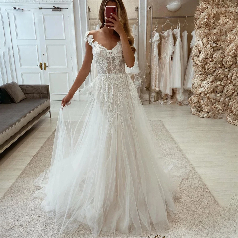 

Vintage Lace Wedding Dresses 3D Flowers Appliques Tulle Bohemia Bridal Gowns A-Line Sleeveless Princess Bride Dress