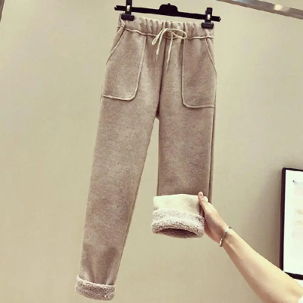 

Velvet-lined Wide-leg Pants Women's High Waist Velvet Lining Harem Pants with Pockets Thickened Imitation Cashmere for Autumn