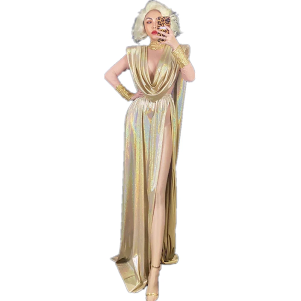 

Gold Shining High Rhinestones Neck Long Nude Sleeves Women Dress Fashion Show Stage Perform Costumes Party Club Festival Wears