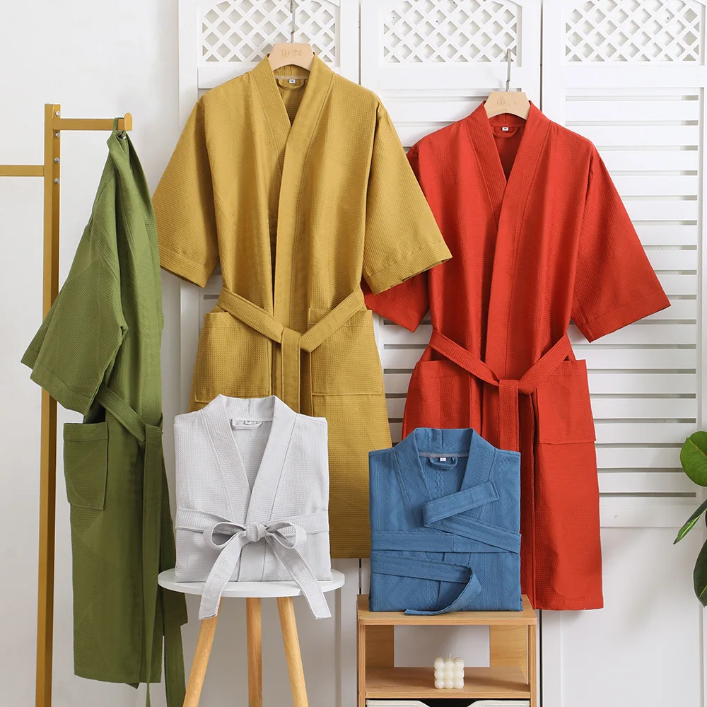 Cotton Gauze Kimono Robes Couples New Women And Men V Neck Solid Bathrobe Nightgown Summer Thin Female Home Clothes
