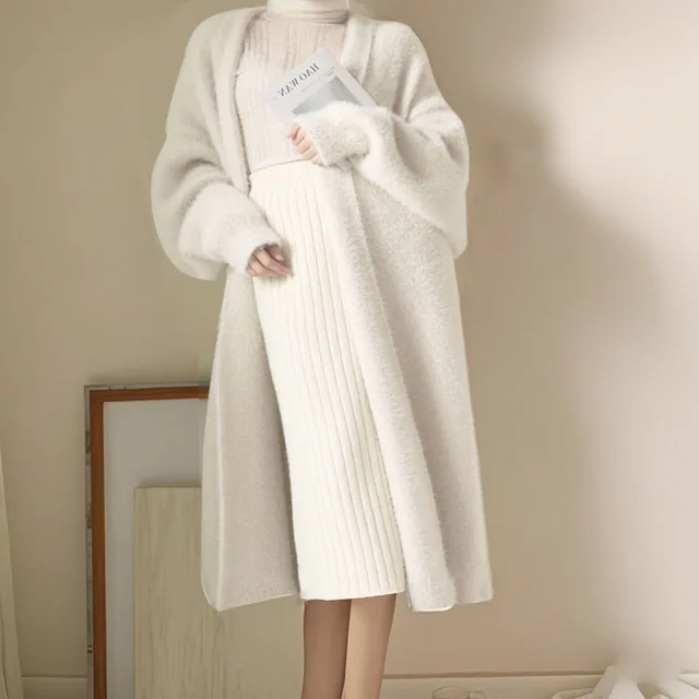 white Long Cardigan for women winter clothes Knitted fluffy long sleeve Cashmere sweater coat clotkorean style warm vintage