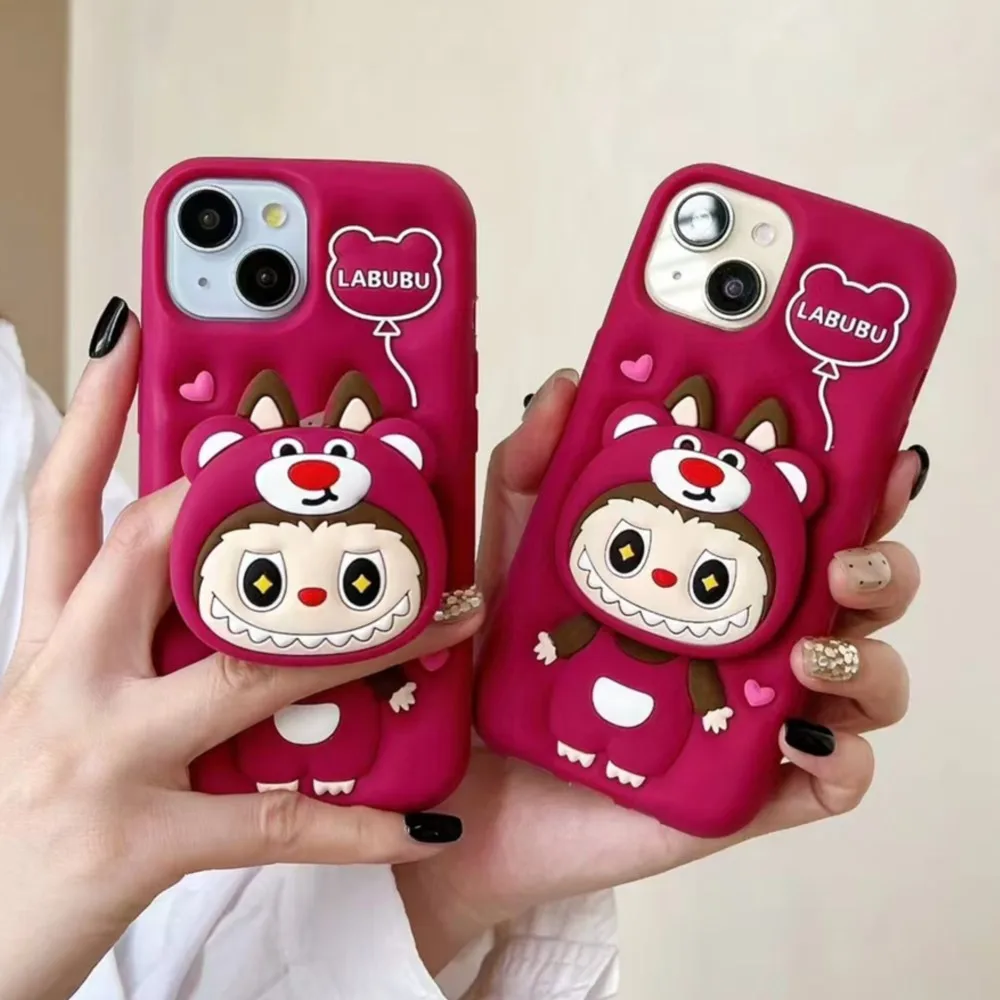 For iPhone 15 14 Plus 16 13 12 Pro Max 11 3D Cute Funny Cartoon Lotso Hat Labubu Holder Phone Case Y2k Soft Silicone Cover
