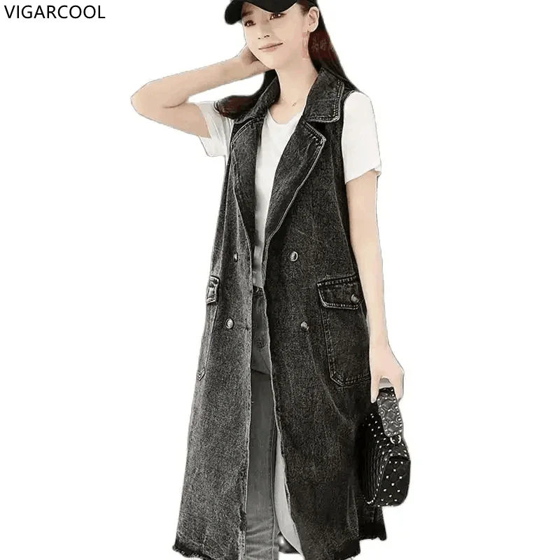 Large pockets  suit collar long denim plus size Vest Women New plus size black denim Vest fashionable sleeveless jacket Female