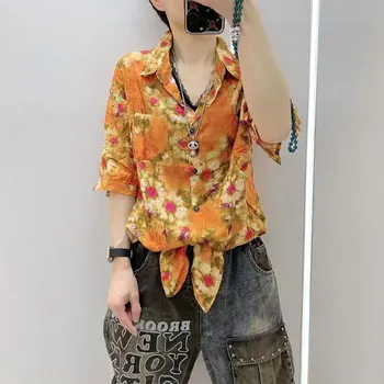 Camicetta con scollo a Polo con fasciatura Casual 2024 estate elegante stampa floreale tasche per abbigliamento donna impiombate per pendolari camicia a mezza manica