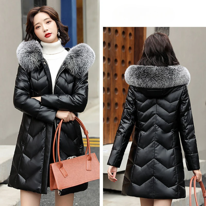 2023 Winter New Women down Jacket Mid length version Slim-Fit Coat Thickened Warm Leather outwear Fox Fur Collar Hooded outcoat