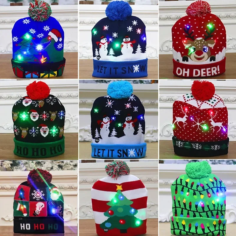 Christmas Hats LED Light Cartoon Santa Claus Snowman Elk Knitted Xmas Soft Hat Noel Merry Christma Decoration New Year Gift christmas beanie hat,christmas hat holder