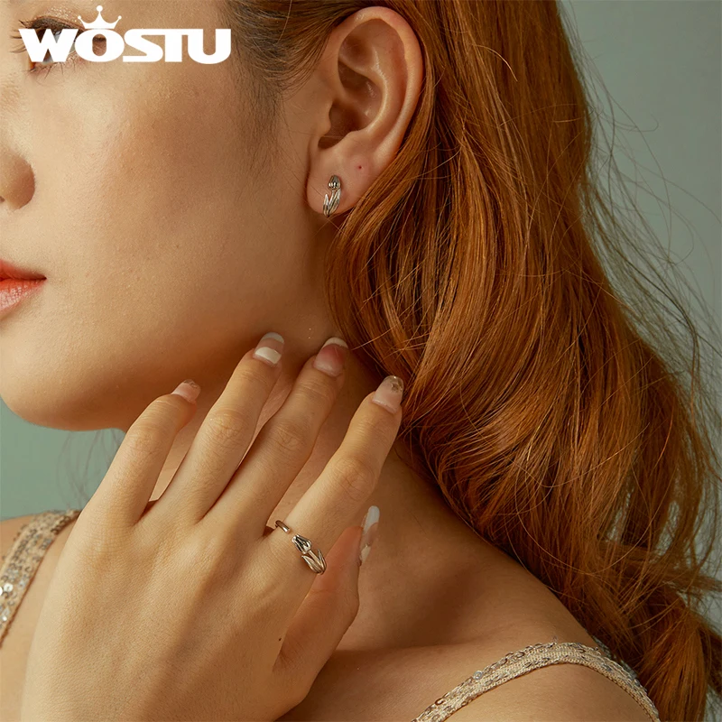 WOSTU Hot Sell 925 Sterling Silver Tulip Earrings Opening Ring Set Spinel Ear Studs for Women Fine Jewelry Party Date Daily Gift 5